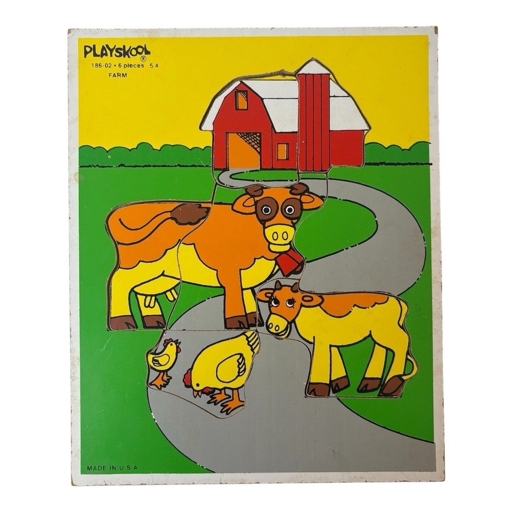 Vintage Playskool Farm & Squirrel Wooden Tray Puzzles Barn Cow Made in USA Wood